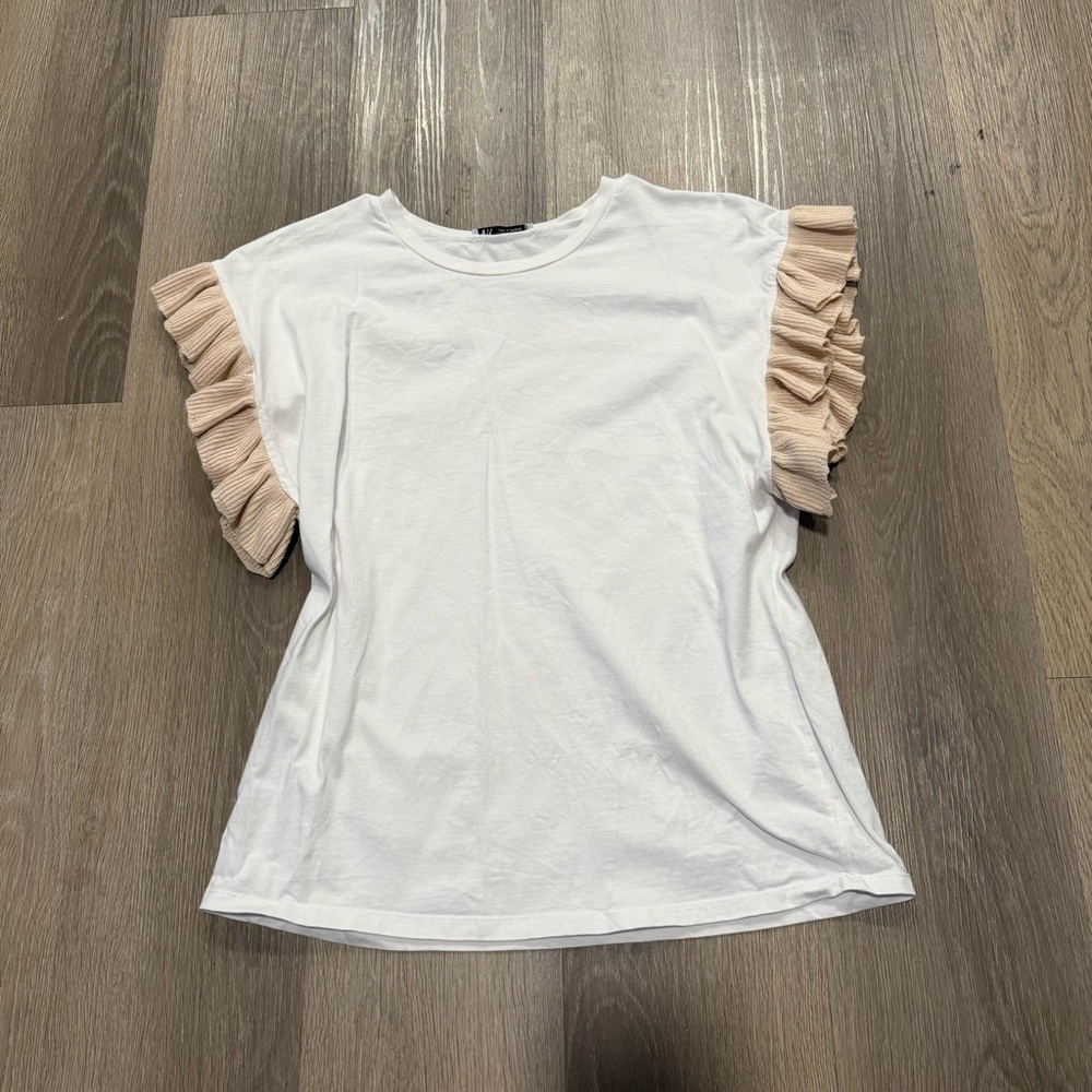 Zara White Top with Tan Ruffle Sleeves